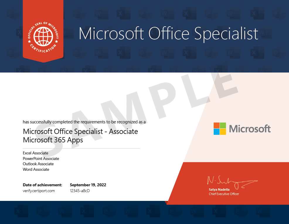 A sample Microsoft Office Specialist certificate showing the Microsoft logo, the official MOS seal, and text indicating completion of the Microsoft Office Specialist – Associate (Microsoft 365 Apps) certification.